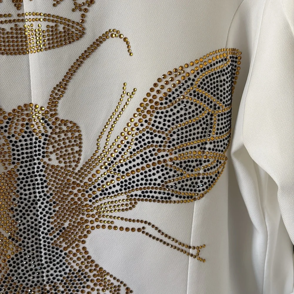 *Elegant Embellished White Blazer Jacket w Queen Bee Beaded Design Shawl Lapel - Picture 7 of 16
